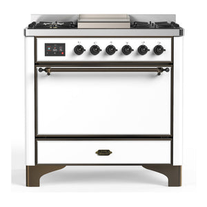 ILVE Majestic III 36-Inch Dual Fuel Range with 6 Sealed Burners + Griddle, 3.5 cu. ft. Oven, White with Burnished Trim, Natural Gas, Solid Door, UM36FQNR3WHB