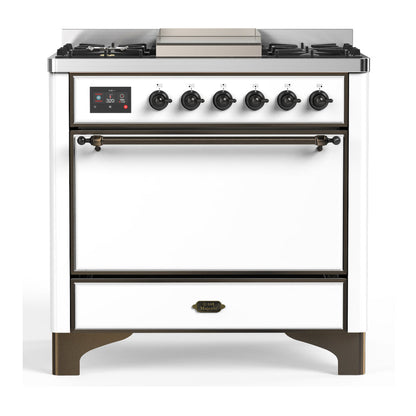 ILVE Majestic III 36-Inch Dual Fuel Range with 6 Sealed Burners + Griddle, 3.5 cu. ft. Oven, White with Burnished Trim, Natural Gas, Solid Door, UM36FQNR3WHB