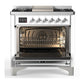 ILVE Majestic III 36-Inch Dual Fuel Range with 6 Sealed Burners + Griddle, 3.5 cu. ft. Oven, White with Chrome Trim, Natural Gas, Solid Door, UM36FQNR3WHC