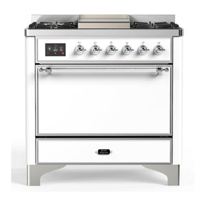ILVE Majestic III 36-Inch Dual Fuel Range with 6 Sealed Burners + Griddle, 3.5 cu. ft. Oven, White with Chrome Trim, Natural Gas, Solid Door, UM36FQNR3WHC