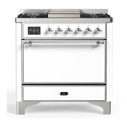 ILVE Majestic III 36-Inch Dual Fuel Range with 6 Sealed Burners + Griddle, 3.5 cu. ft. Oven, White with Chrome Trim, Natural Gas, Solid Door, UM36FQNR3WHC
