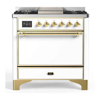 ILVE Majestic III 36-Inch Dual Fuel Range with 6 Sealed Burners + Griddle, 3.5 cu. ft. Oven, White with Brass Trim, Liquid Propane, Solid Door, UM36FQNR3WHGLP