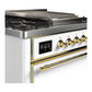 ILVE Majestic III 36-Inch Dual Fuel Range with 6 Sealed Burners + Griddle, 3.5 cu. ft. Oven, White with Brass Trim, Natural Gas, Solid Door, UM36FQNR3WHG