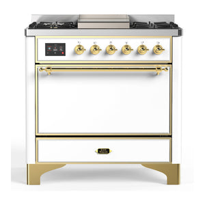 ILVE Majestic III 36-Inch Dual Fuel Range with 6 Sealed Burners + Griddle, 3.5 cu. ft. Oven, White with Brass Trim, Natural Gas, Solid Door, UM36FQNR3WHG