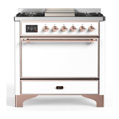 ILVE Majestic III 36-Inch Dual Fuel Range with 6 Sealed Burners + Griddle, 3.5 cu. ft. Oven, White with Copper Trim, Liquid Propane, Solid Door, UM36FQNR3WHPLP