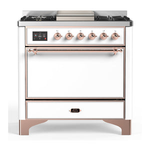ILVE Majestic III 36-Inch Dual Fuel Range with 6 Sealed Burners + Griddle, 3.5 cu. ft. Oven, White with Copper Trim, Natural Gas, Solid Door, UM36FQNR3WHP