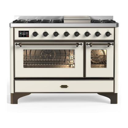 ILVE Majestic III 48-Inch Dual Fuel Range with 5 Sealed Burners + Griddle + French Top, 5.02 cu. ft. Oven, Antique White with Burnished Trim, Liquid Propane, Triple Glass Door, UM48FNR3AWBLP