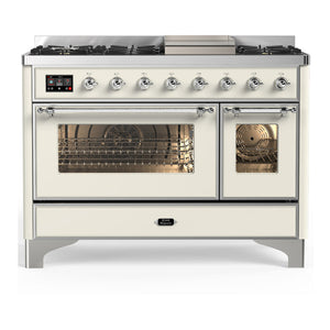 ILVE Majestic III 48-Inch Dual Fuel Range with 5 Sealed Burners + Griddle + French Top, 5.02 cu. ft. Oven, Antique White with Chrome Trim, Liquid Propane, Triple Glass Door, UM48FNR3AWCLP