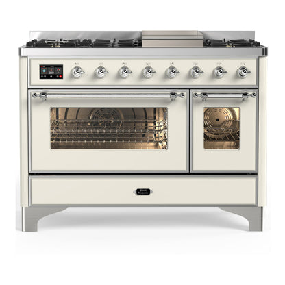 ILVE Majestic III 48-Inch Dual Fuel Range with 5 Sealed Burners + Griddle + French Top, 5.02 cu. ft. Oven, Antique White with Chrome Trim, Natural Gas, Triple Glass Door, UM48FNR3AWC