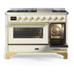 ILVE Majestic III 48-Inch Dual Fuel Range with 5 Sealed Burners + Griddle + French Top, 5.02 cu. ft. Oven, Antique White with Brass Trim, Liquid Propane, Triple Glass Door, UM48FNR3AWGLP