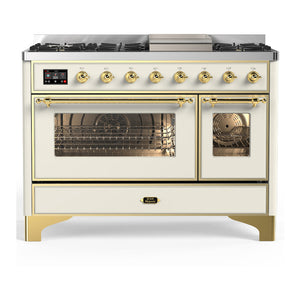 ILVE Majestic III 48-Inch Dual Fuel Range with 5 Sealed Burners + Griddle + French Top, 5.02 cu. ft. Oven, Antique White with Brass Trim, Natural Gas, Triple Glass Door, UM48FNR3AWG