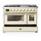 ILVE Majestic III 48-Inch Dual Fuel Range with 5 Sealed Burners + Griddle + French Top, 5.02 cu. ft. Oven, Antique White with Brass Trim, Natural Gas, Triple Glass Door, UM48FNR3AWG