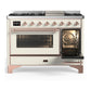 ILVE Majestic III 48-Inch Dual Fuel Range with 5 Sealed Burners + Griddle + French Top, 5.02 cu. ft. Oven, Antique White with Copper Trim, Liquid Propane, Triple Glass Door, UM48FNR3AWPLP