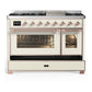 ILVE Majestic III 48-Inch Dual Fuel Range with 5 Sealed Burners + Griddle + French Top, 5.02 cu. ft. Oven, Antique White with Copper Trim, Natural Gas, Triple Glass Door, UM48FNR3AWP