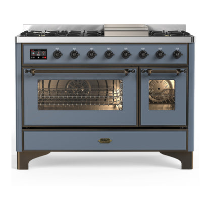ILVE Majestic III 48-Inch Dual Fuel Range with 5 Sealed Burners + Griddle + French Top, 5.02 cu. ft. Oven, Blue Grey with Burnished Trim, Liquid Propane, Triple Glass Door, UM48FNR3BGBLP