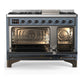 ILVE Majestic III 48-Inch Dual Fuel Range with 5 Sealed Burners + Griddle + French Top, 5.02 cu. ft. Oven, Blue Grey with Burnished Trim, Liquid Propane, Triple Glass Door, UM48FNR3BGBLP