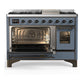 ILVE Majestic III 48-Inch Dual Fuel Range with 5 Sealed Burners + Griddle + French Top, 5.02 cu. ft. Oven, Blue Grey with Burnished Trim, Liquid Propane, Triple Glass Door, UM48FNR3BGBLP