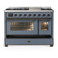 ILVE Majestic III 48-Inch Dual Fuel Range with 5 Sealed Burners + Griddle + French Top, 5.02 cu. ft. Oven, Blue Grey with Burnished Trim, Natural Gas, Triple Glass Door, UM48FNR3BGB