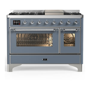 ILVE Majestic III 48-Inch Dual Fuel Range with 5 Sealed Burners + Griddle + French Top, 5.02 cu. ft. Oven, Blue Grey with Chrome Trim, Natural Gas, Triple Glass Door, UM48FNR3BGC