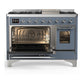 ILVE Majestic III 48-Inch Dual Fuel Range with 5 Sealed Burners + Griddle + French Top, 5.02 cu. ft. Oven, Blue Grey with Chrome Trim, Natural Gas, Triple Glass Door, UM48FNR3BGC