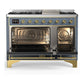 ILVE Majestic III 48-Inch Dual Fuel Range with 5 Sealed Burners + Griddle + French Top, 5.02 cu. ft. Oven, Blue Grey with Brass Trim, Liquid Propane, Triple Glass Door, UM48FNR3BGGLP