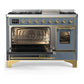 ILVE Majestic III 48-Inch Dual Fuel Range with 5 Sealed Burners + Griddle + French Top, 5.02 cu. ft. Oven, Blue Grey with Brass Trim, Liquid Propane, Triple Glass Door, UM48FNR3BGGLP