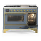 ILVE Majestic III 48-Inch Dual Fuel Range with 5 Sealed Burners + Griddle + French Top, 5.02 cu. ft. Oven, Blue Grey with Brass Trim, Liquid Propane, Triple Glass Door, UM48FNR3BGGLP