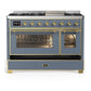 ILVE Majestic III 48-Inch Dual Fuel Range with 5 Sealed Burners + Griddle + French Top, 5.02 cu. ft. Oven, Blue Grey with Brass Trim, Liquid Propane, Triple Glass Door, UM48FNR3BGGLP
