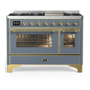 ILVE Majestic III 48-Inch Dual Fuel Range with 5 Sealed Burners + Griddle + French Top, 5.02 cu. ft. Oven, Blue Grey with Brass Trim, Natural Gas, Triple Glass Door, UM48FNR3BGG