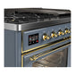 ILVE Majestic III 48-Inch Dual Fuel Range with 5 Sealed Burners + Griddle + French Top, 5.02 cu. ft. Oven, Blue Grey with Brass Trim, Natural Gas, Triple Glass Door, UM48FNR3BGG