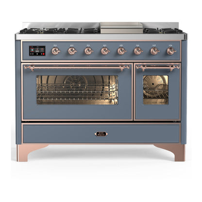 ILVE Majestic III 48-Inch Dual Fuel Range with 5 Sealed Burners + Griddle + French Top, 5.02 cu. ft. Oven, Blue Grey with Copper Trim, Liquid Propane, Triple Glass Door, UM48FNR3BGPLP