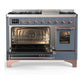 ILVE Majestic III 48-Inch Dual Fuel Range with 5 Sealed Burners + Griddle + French Top, 5.02 cu. ft. Oven, Blue Grey with Copper Trim, Liquid Propane, Triple Glass Door, UM48FNR3BGPLP