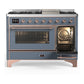 ILVE Majestic III 48-Inch Dual Fuel Range with 5 Sealed Burners + Griddle + French Top, 5.02 cu. ft. Oven, Blue Grey with Copper Trim, Liquid Propane, Triple Glass Door, UM48FNR3BGPLP