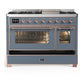 ILVE Majestic III 48-Inch Dual Fuel Range with 5 Sealed Burners + Griddle + French Top, 5.02 cu. ft. Oven, Blue Grey with Copper Trim, Liquid Propane, Triple Glass Door, UM48FNR3BGPLP