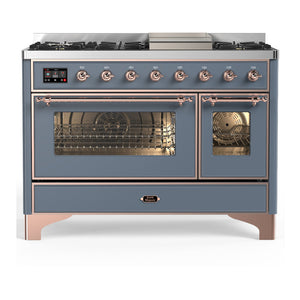 ILVE Majestic III 48-Inch Dual Fuel Range with 5 Sealed Burners + Griddle + French Top, 5.02 cu. ft. Oven, Blue Grey with Copper Trim, Natural Gas, Triple Glass Door, UM48FNR3BGP