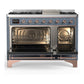 ILVE Majestic III 48-Inch Dual Fuel Range with 5 Sealed Burners + Griddle + French Top, 5.02 cu. ft. Oven, Blue Grey with Copper Trim, Natural Gas, Triple Glass Door, UM48FNR3BGP