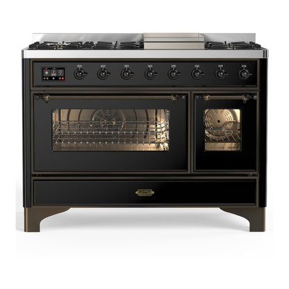 ILVE Majestic III 48-Inch Dual Fuel Range with 5 Sealed Burners + Griddle + French Top, 5.02 cu. ft. Oven, Glossy Black with Burnished Trim, Liquid Propane, Triple Glass Door, UM48FNR3BKBLP
