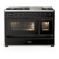 ILVE Majestic III 48-Inch Dual Fuel Range with 5 Sealed Burners + Griddle + French Top, 5.02 cu. ft. Oven, Glossy Black with Burnished Trim, Liquid Propane, Triple Glass Door, UM48FNR3BKBLP