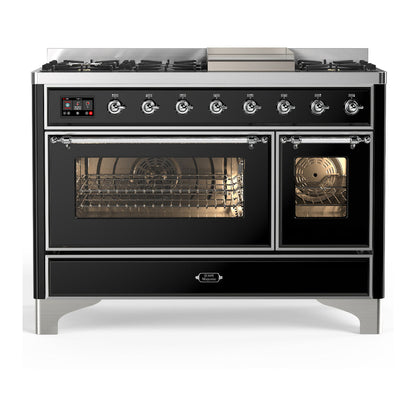 ILVE Majestic III 48-Inch Dual Fuel Range with 5 Sealed Burners + Griddle + French Top, 5.02 cu. ft. Oven, Glossy Black with Chrome Trim, Liquid Propane, Triple Glass Door, UM48FNR3BKCLP