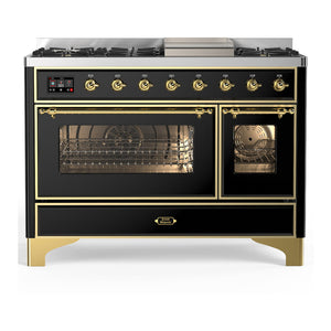 ILVE Majestic III 48-Inch Dual Fuel Range with 5 Sealed Burners + Griddle + French Top, 5.02 cu. ft. Oven, Glossy Black with Brass Trim, Liquid Propane, Triple Glass Door, UM48FNR3BKGLP