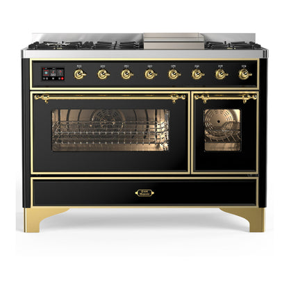 ILVE Majestic III 48-Inch Dual Fuel Range with 5 Sealed Burners + Griddle + French Top, 5.02 cu. ft. Oven, Glossy Black with Brass Trim, Liquid Propane, Triple Glass Door, UM48FNR3BKGLP