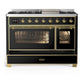ILVE Majestic III 48-Inch Dual Fuel Range with 5 Sealed Burners + Griddle + French Top, 5.02 cu. ft. Oven, Glossy Black with Brass Trim, Liquid Propane, Triple Glass Door, UM48FNR3BKGLP