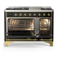 ILVE Majestic III 48-Inch Dual Fuel Range with 5 Sealed Burners + Griddle + French Top, 5.02 cu. ft. Oven, Glossy Black with Brass Trim, Natural Gas, Triple Glass Door, UM48FNR3BKG