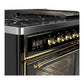 ILVE Majestic III 48-Inch Dual Fuel Range with 5 Sealed Burners + Griddle + French Top, 5.02 cu. ft. Oven, Glossy Black with Brass Trim, Natural Gas, Triple Glass Door, UM48FNR3BKG