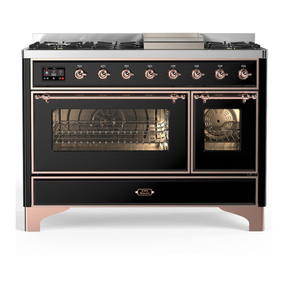 ILVE Majestic III 48-Inch Dual Fuel Range with 5 Sealed Burners + Griddle + French Top, 5.02 cu. ft. Oven, Glossy Black with Copper Trim, Liquid Propane, Triple Glass Door, UM48FNR3BKPLP