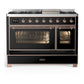 ILVE Majestic III 48-Inch Dual Fuel Range with 5 Sealed Burners + Griddle + French Top, 5.02 cu. ft. Oven, Glossy Black with Copper Trim, Liquid Propane, Triple Glass Door, UM48FNR3BKPLP