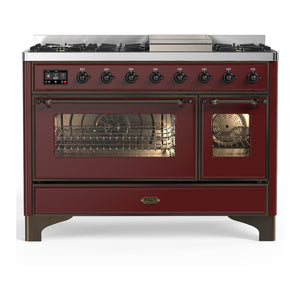 ILVE Majestic III 48-Inch Dual Fuel Range with 5 Sealed Burners + Griddle + French Top, 5.02 cu. ft. Oven, Burgundy with Burnished Trim, Liquid Propane, Triple Glass Door, UM48FNR3BUBLP
