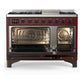 ILVE Majestic III 48-Inch Dual Fuel Range with 5 Sealed Burners + Griddle + French Top, 5.02 cu. ft. Oven, Burgundy with Burnished Trim, Liquid Propane, Triple Glass Door, UM48FNR3BUBLP