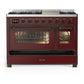 ILVE Majestic III 48-Inch Dual Fuel Range with 5 Sealed Burners + Griddle + French Top, 5.02 cu. ft. Oven, Burgundy with Burnished Trim, Liquid Propane, Triple Glass Door, UM48FNR3BUBLP