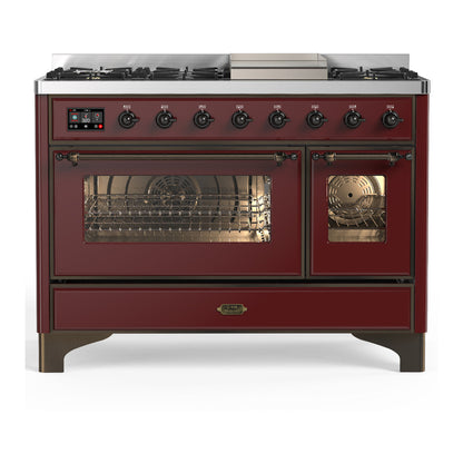 ILVE Majestic III 48-Inch Dual Fuel Range with 5 Sealed Burners + Griddle + French Top, 5.02 cu. ft. Oven, Burgundy with Burnished Trim, Natural Gas, Triple Glass Door, UM48FNR3BUB